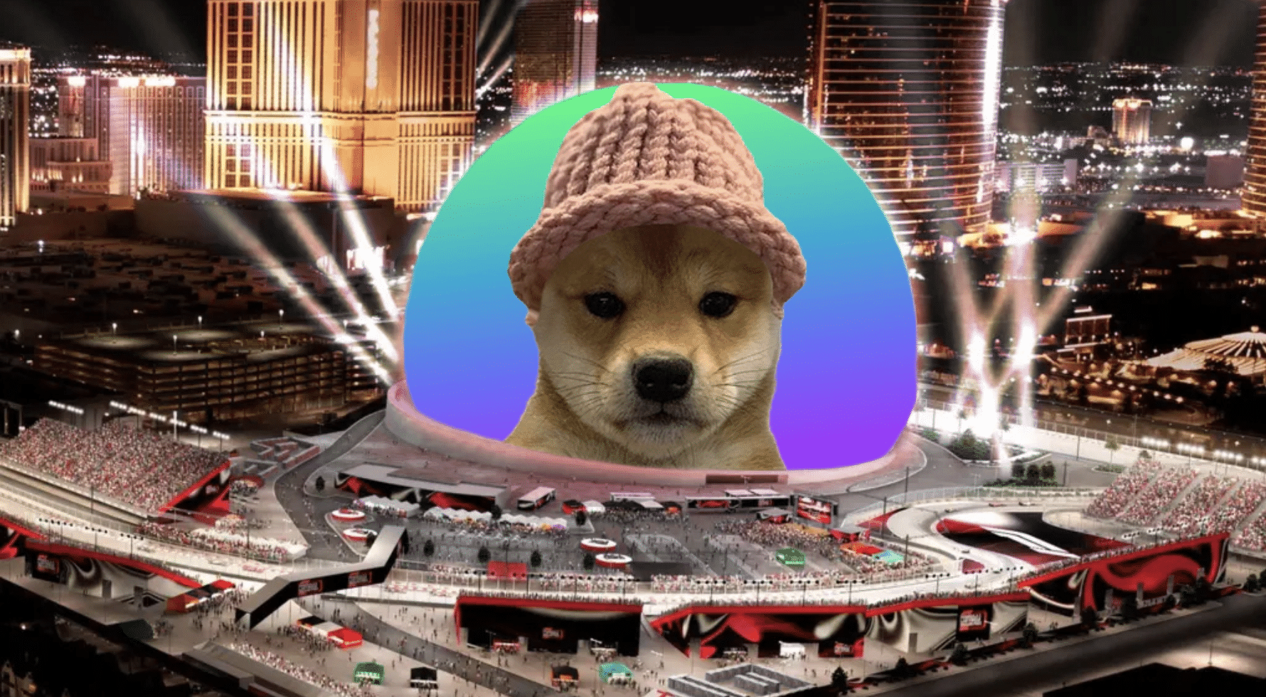 Edited photo with Dogwifhat meme placed on a sphere in Las Vegas (https://wif-sphere.vercel.app/)