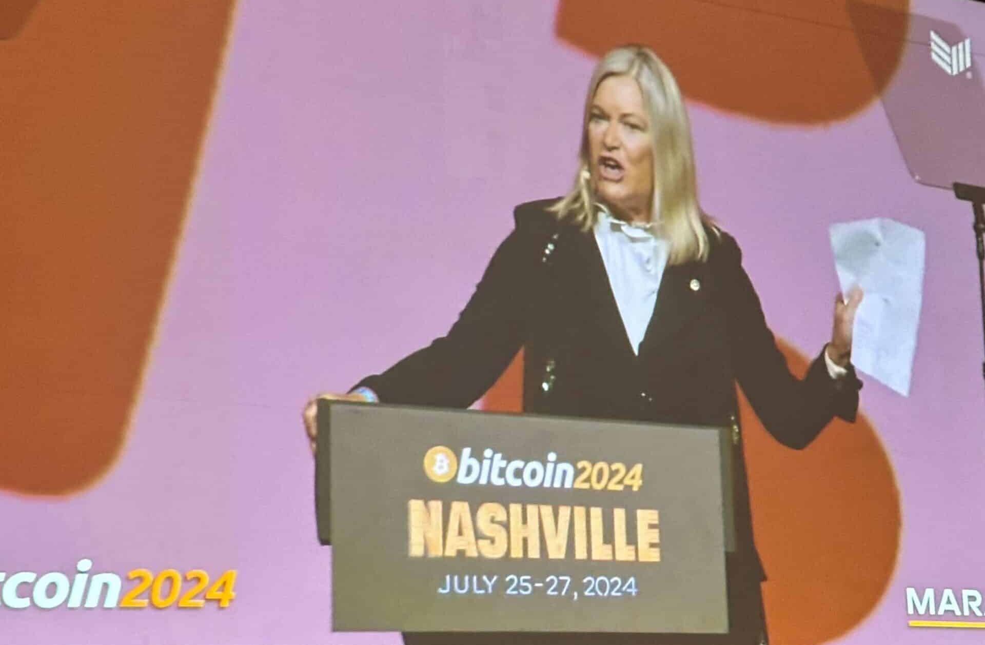 Senator Cynthia Lummis (R-Wyo.) at the 2024 Bitcoin Conference in Nashville, Tenn,, announcing she has the bitcoin strategic reserve bill in her hand to the crowd, right after former President Trump left the stage.