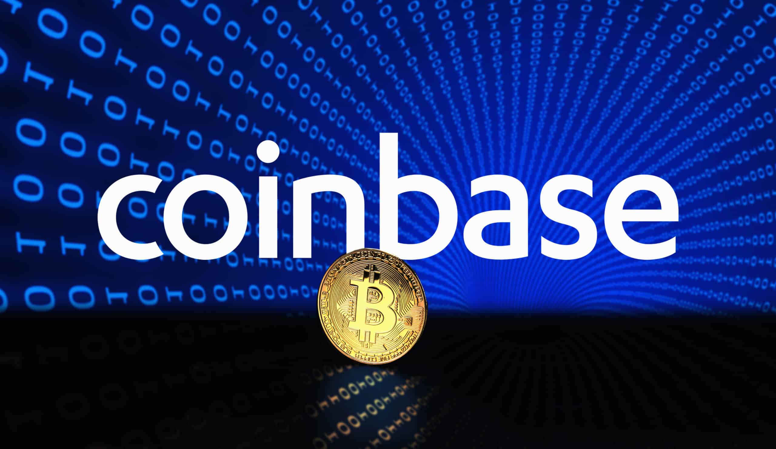 Coinbase cryptocurrency stock market name on abstract digital background. Coinbase logo with Bitcoin cryptocurrency (Shutterstock/Nadezda Murmakova)