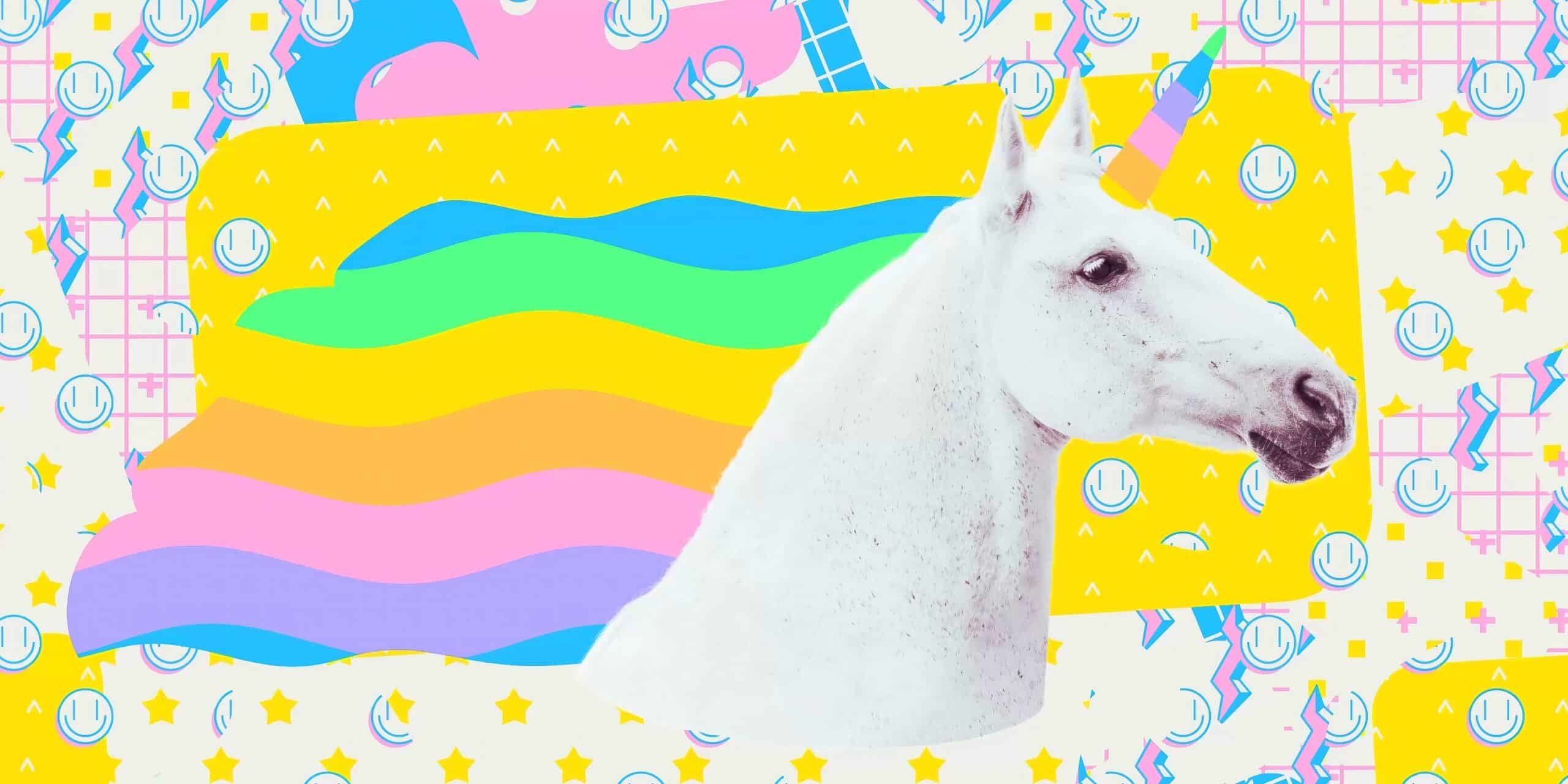 Contemporary digital collage art. Modern trippy design. Unicorn and rainbow