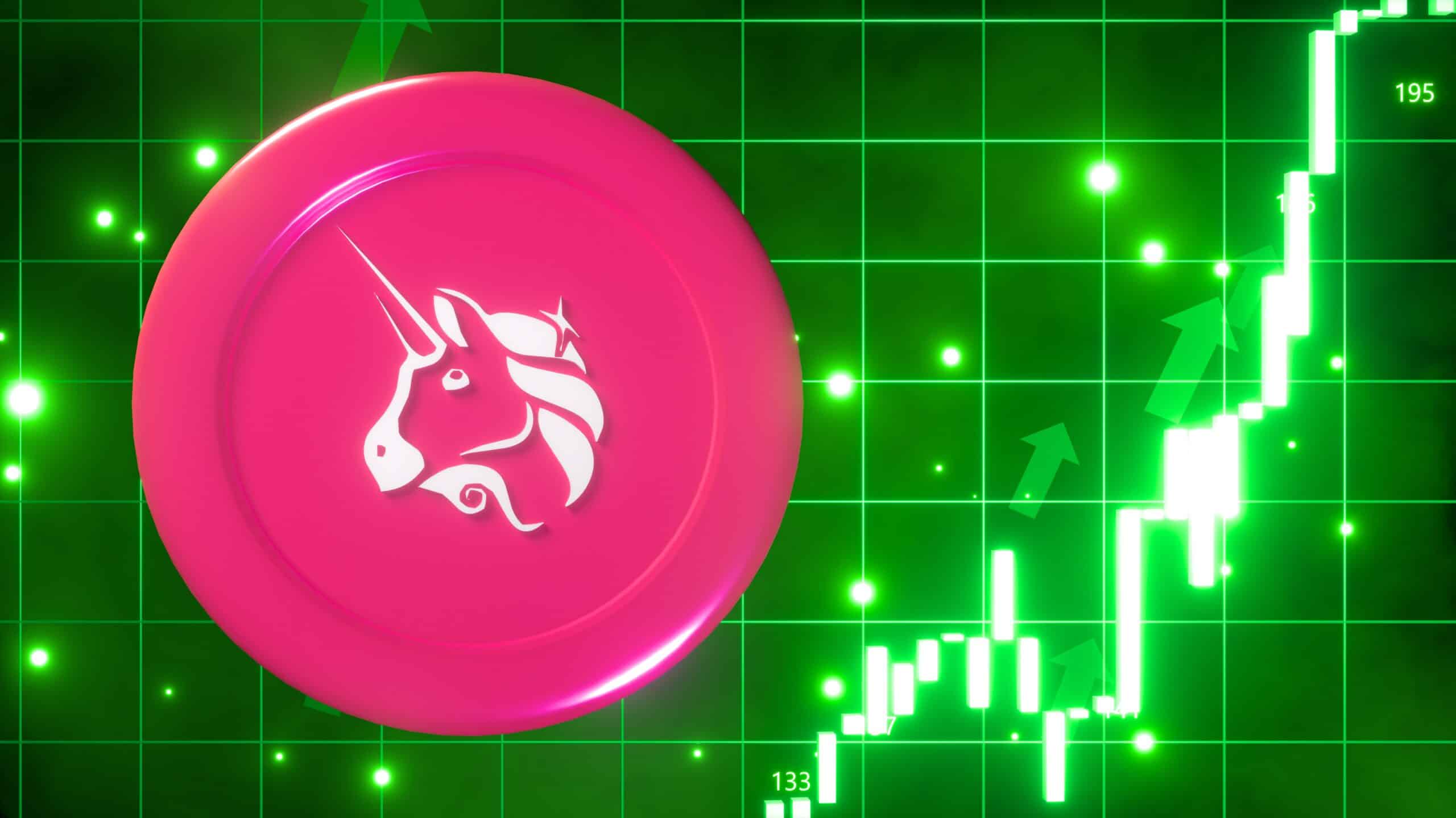 3D illustration of a bullish market featuring glow green trading candles and up arrows, vibrant glowing green background with Uniswap's logo (Shutterstock)