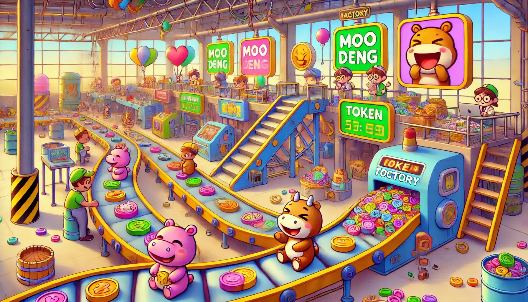 A whimsical and fun factory creating memecoins inspired by internet jokes like Moo Deng the baby hippo. (DALL·E 3)