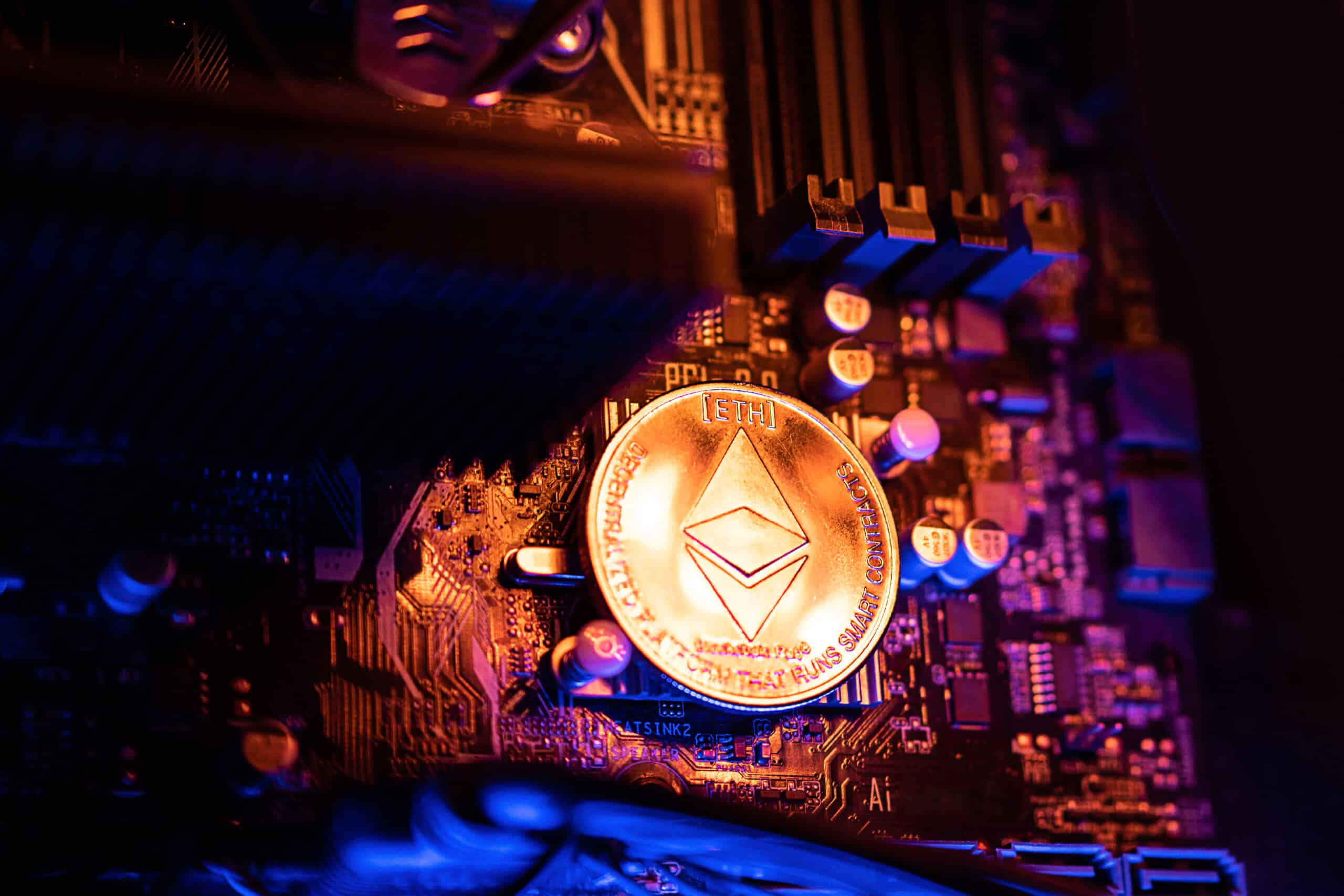 Ethereum Cryptocurrency coin on a PC computer motherboard (Shutterstock)