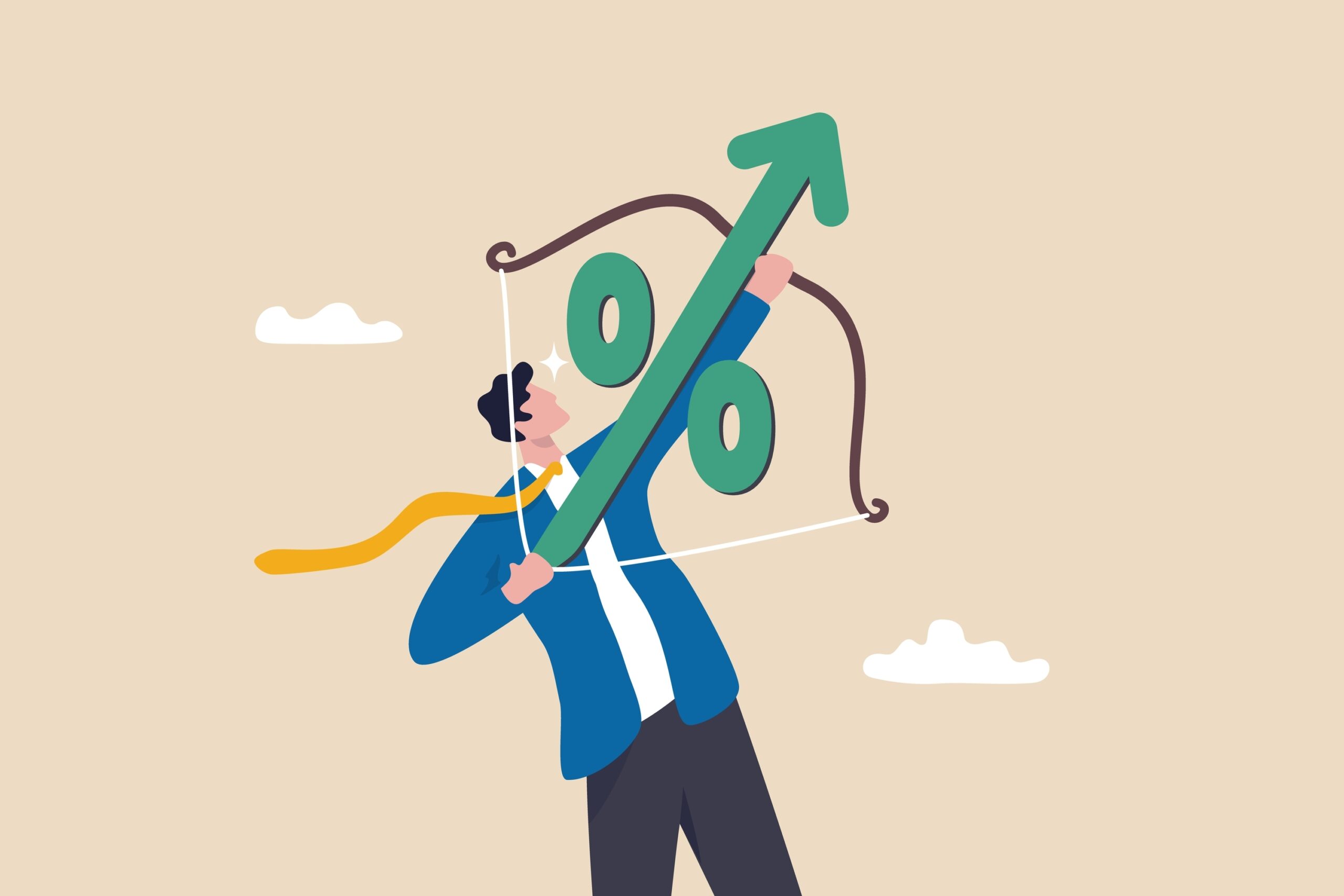 Interest rate hike due to inflation percentage rising up, FED, federal reserve or central bank monetary policy, economics or loan concept, businessman archery percentage arrow high up into the sky. (Shutterstock)