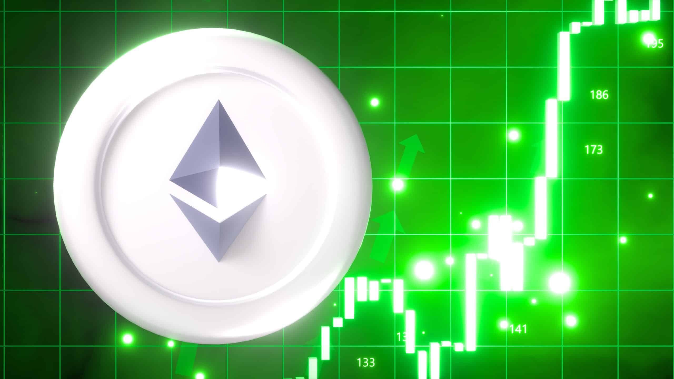 eth, Ethereum, 3D illustration of a bullish market featuring glow green trading candles and up arrows, vibrant glowing green background, financial growth (Shutterstock)