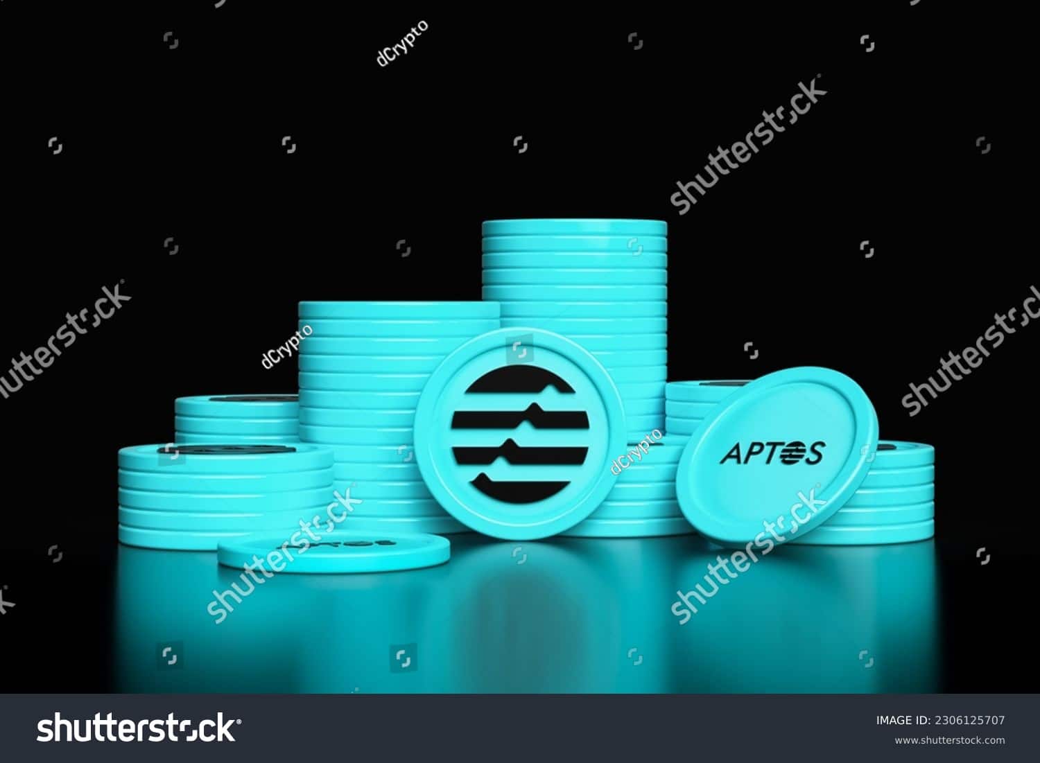 Aptos tokens in various stacks isolated on black background. (Shutterstock)