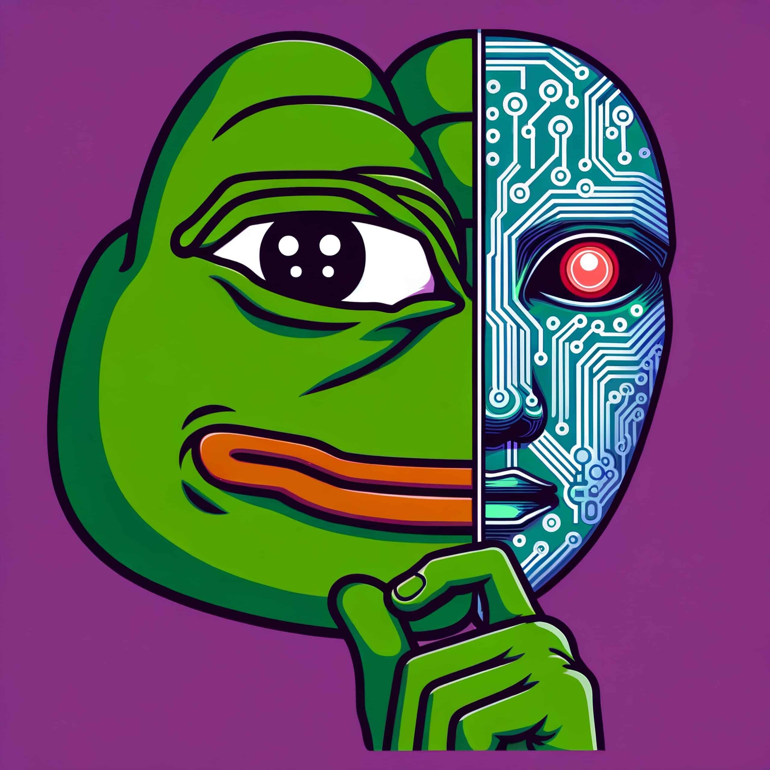 image of pepe meme face with half ai robot looking face of pepe (Shutterstock)