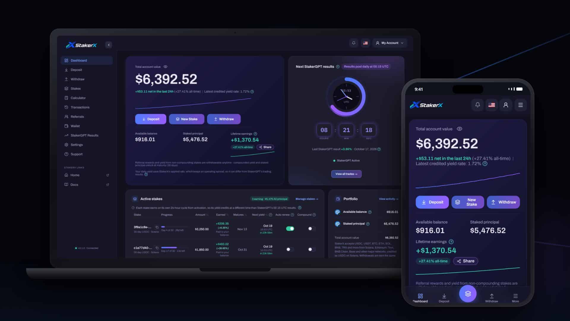 StakerX dashboard on desktop and mobile
